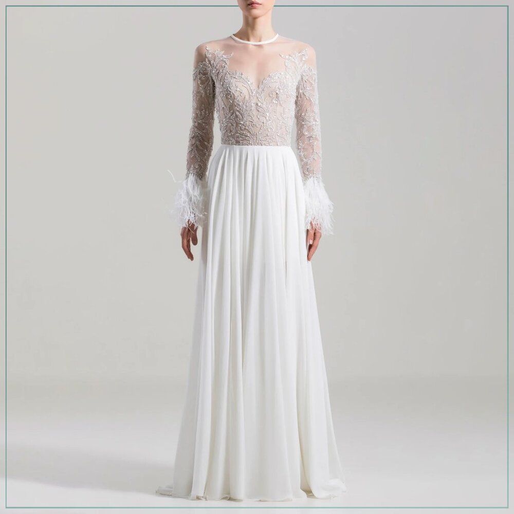 $8,990 Saiid Kobeisy Feathered Crystal Long Sleeve Bridal Runway Gown